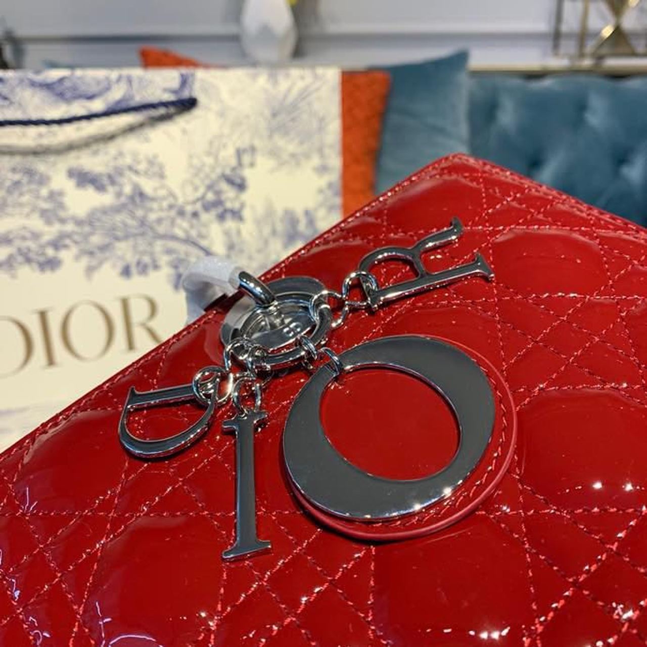 Christian Dior Large Lady Dior Bag Silver Hardware Cherry Red Patent For Women 12.5in/32cm CD