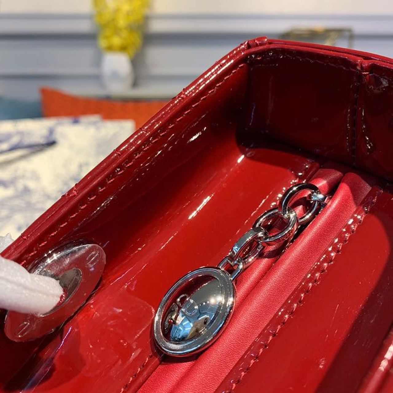 Christian Dior Large Lady Dior Bag Silver Hardware Cherry Red Patent For Women 12.5in/32cm CD