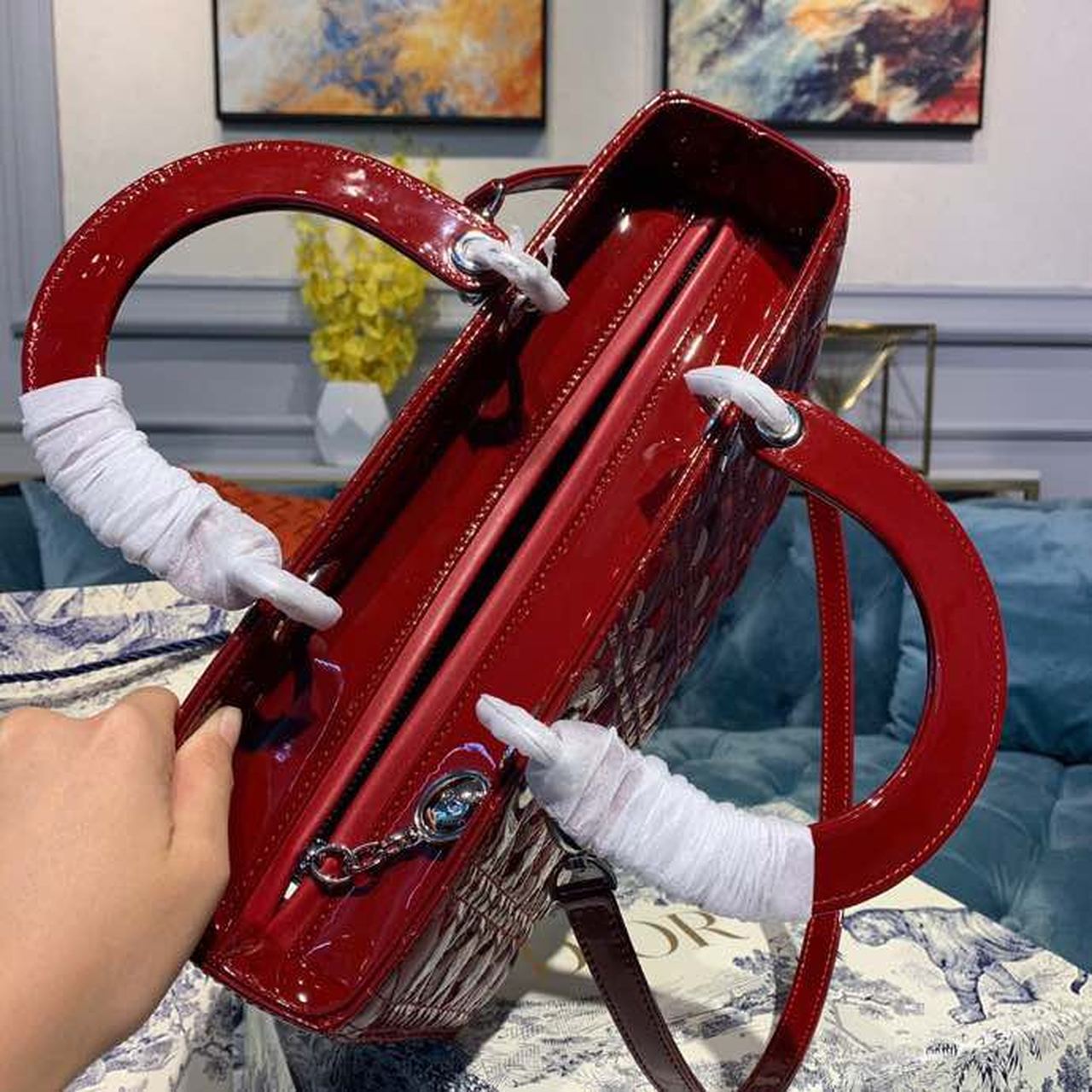 Christian Dior Large Lady Dior Bag Silver Hardware Cherry Red Patent For Women 12.5in/32cm CD