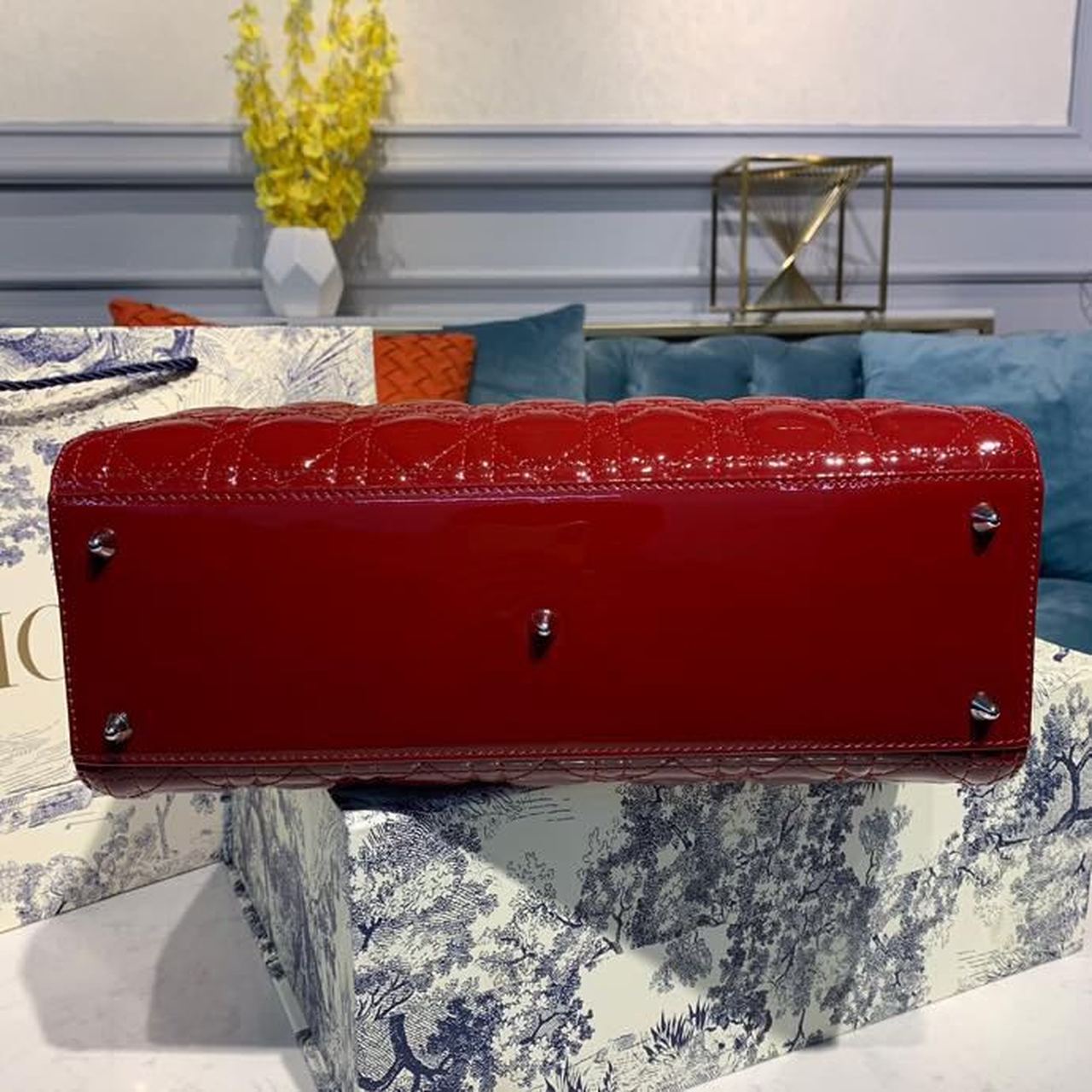 Christian Dior Large Lady Dior Bag Silver Hardware Cherry Red Patent For Women 12.5in/32cm CD