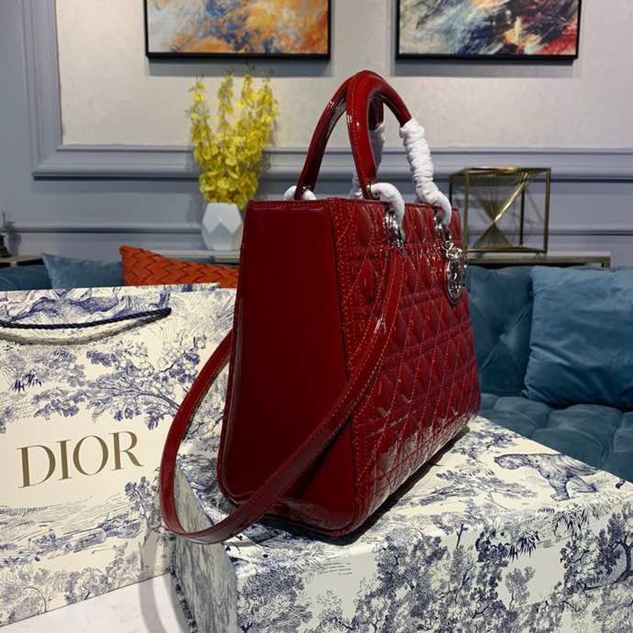 Christian Dior Large Lady Dior Bag Silver Hardware Cherry Red Patent For Women 12.5in/32cm CD