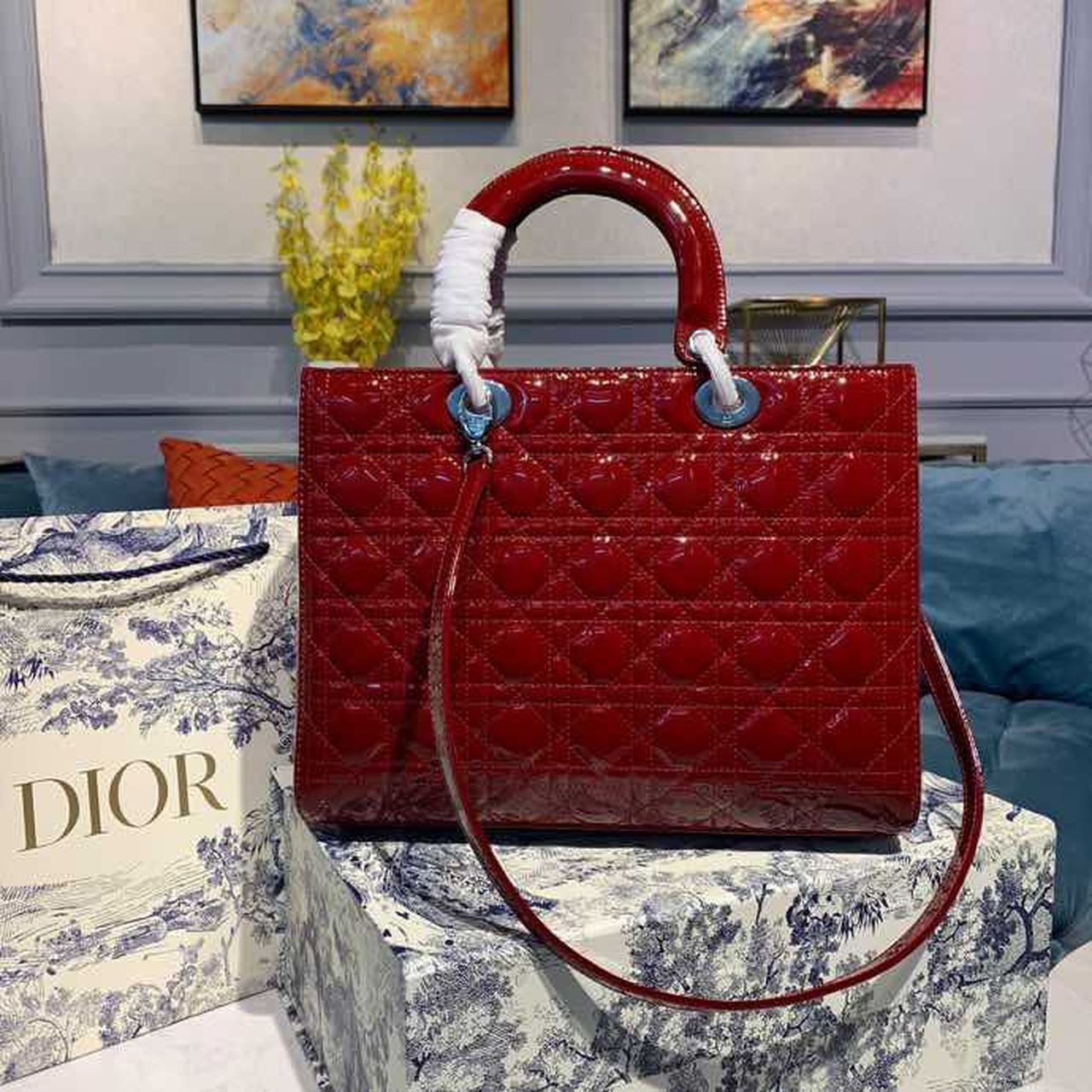 Christian Dior Large Lady Dior Bag Silver Hardware Cherry Red Patent For Women 12.5in/32cm CD