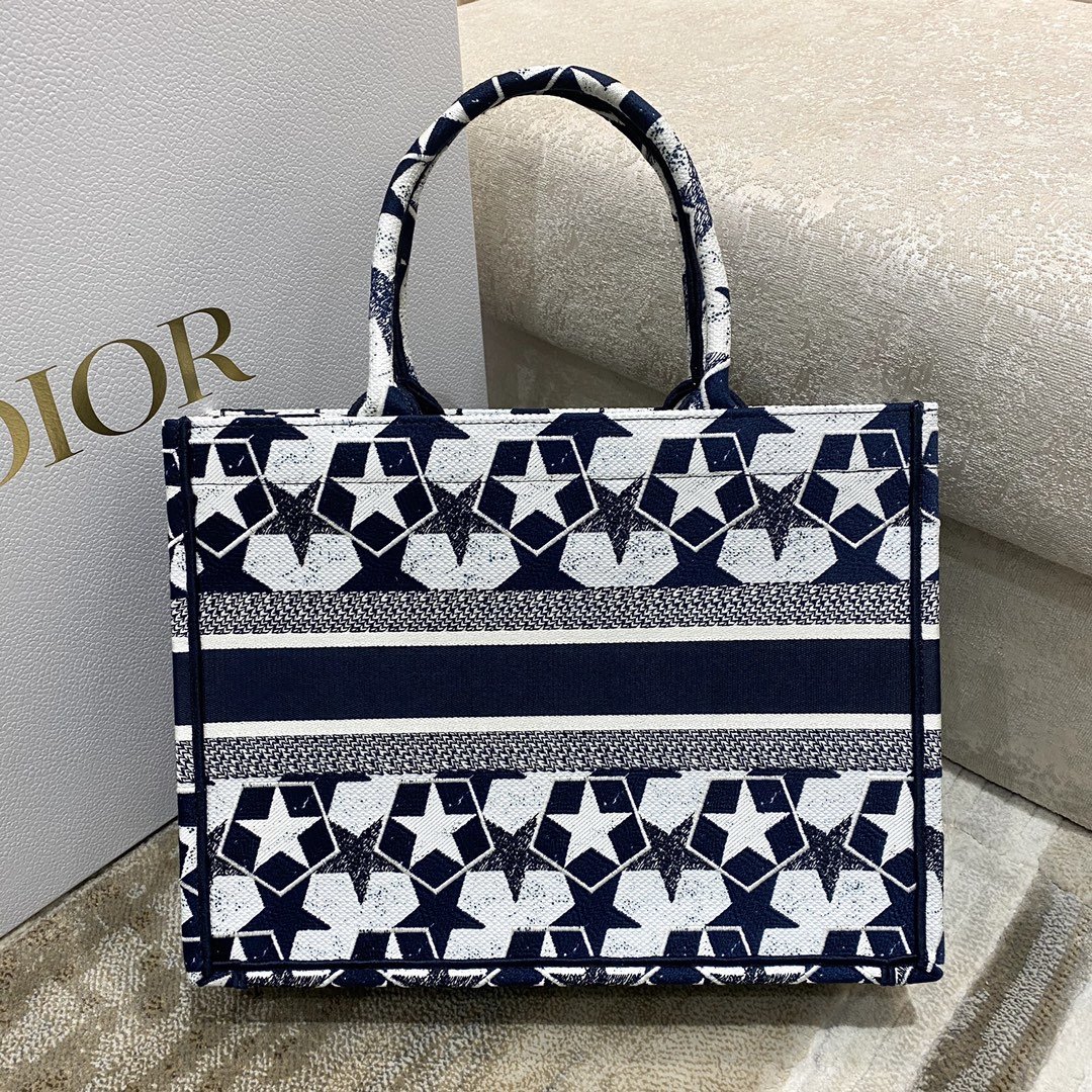 Christian Dior Medium Book Tote Bag in Dior Étoile Embroidery Dior Bag, Blue/White, For Women Women’s Handbags, 36cm CD