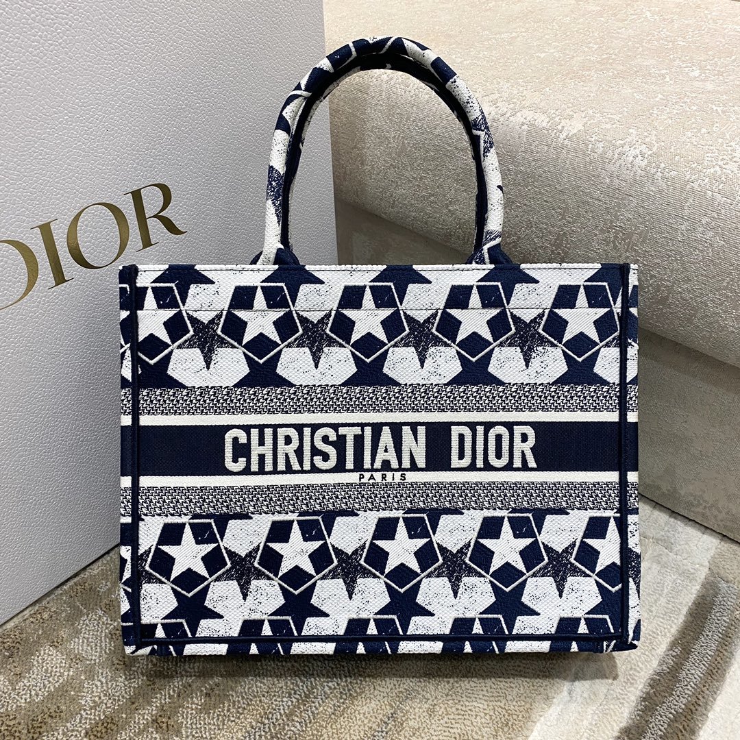 Christian Dior Medium Book Tote Bag in Dior Étoile Embroidery Dior Bag, Blue/White, For Women Women’s Handbags, 36cm CD