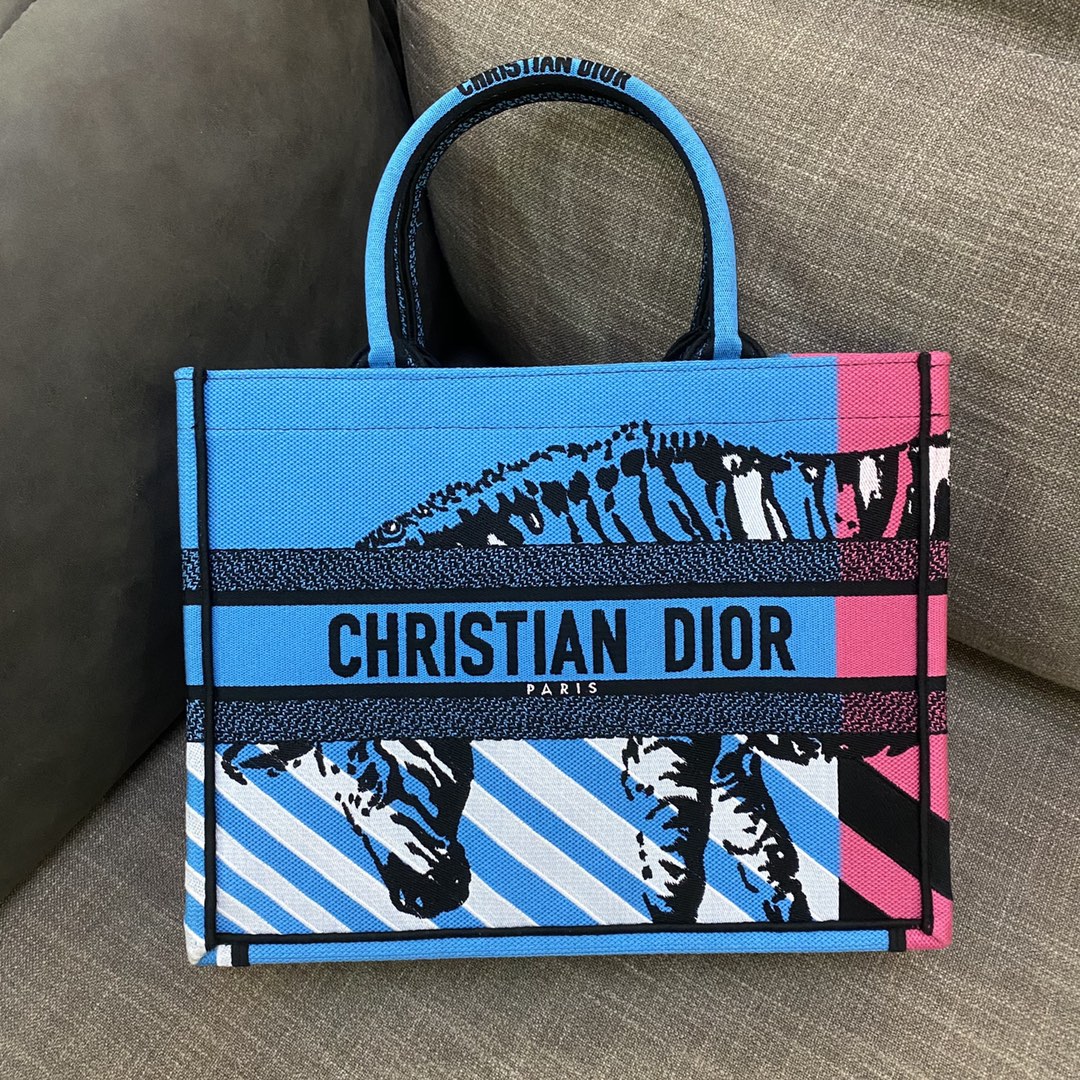 Christian Dior Medium Dior Book Tote Bright Blue and Bright Pink D-Jungle Pop Embroidery, Blue/Pink, For Women Women’s Handbags, 36cm CDZRON_