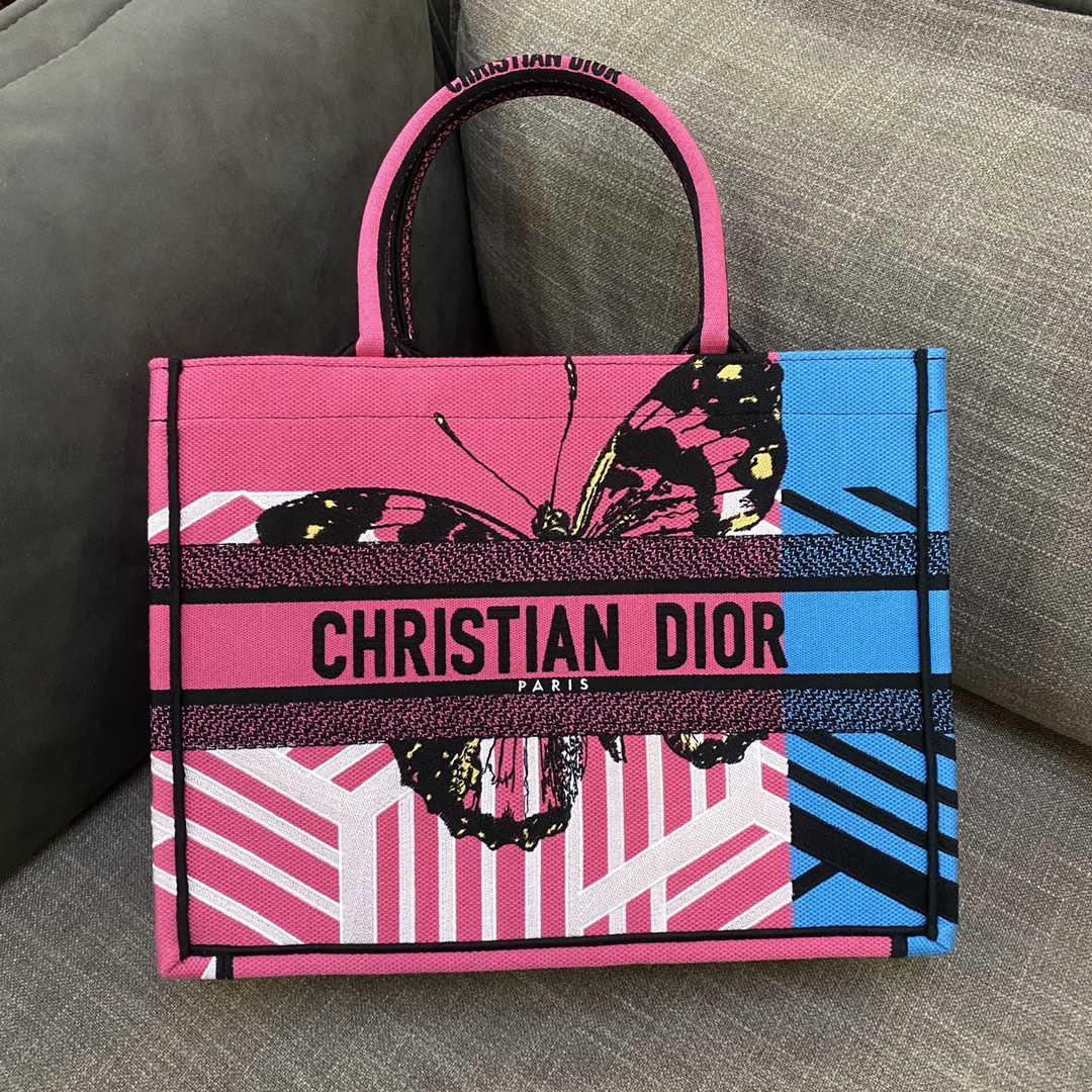 Christian Dior Medium Dior Book Tote Bright Blue and Bright Pink D-Jungle Pop Embroidery, Blue/Pink, For Women Women’s Handbags Shoulder Bags, 36cm CDZRON_