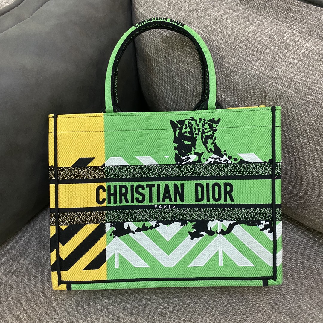 Christian Dior Medium Dior Book Tote Bright Green and Fluorescent Orange D-Jungle Pop Embroidery, Orange/Green, For Women Women’s Handbags, 36cm CDZRON_
