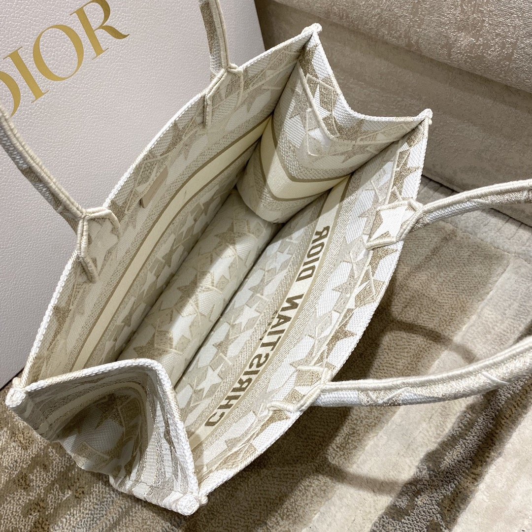 Christian Dior Medium Dior Book Tote Embroidery Stars Gold Dior Bag, Beige, For Women Women’s Handbags, 36cm CD