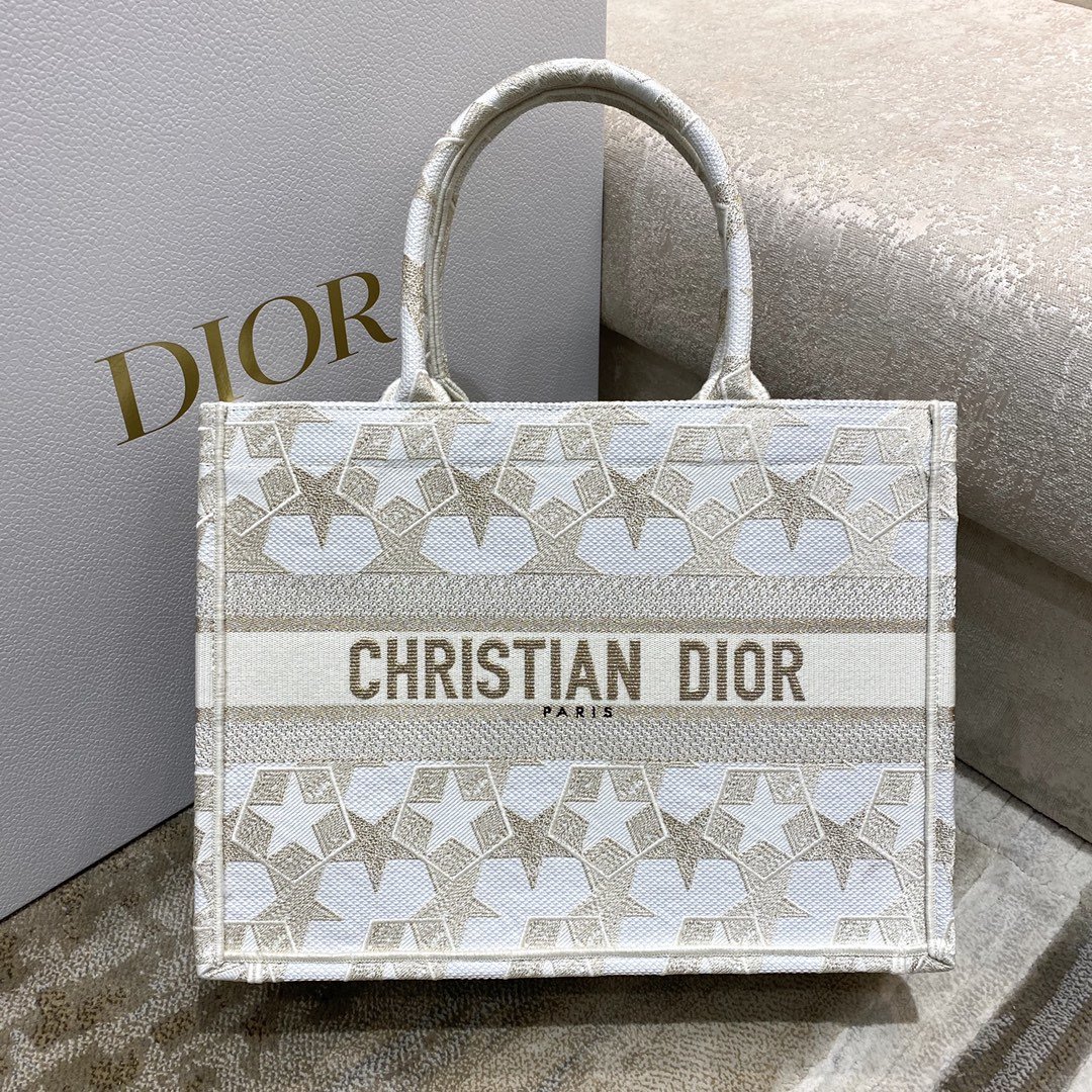 Christian Dior Medium Dior Book Tote Embroidery Stars Gold Dior Bag, Beige, For Women Women’s Handbags, 36cm CD