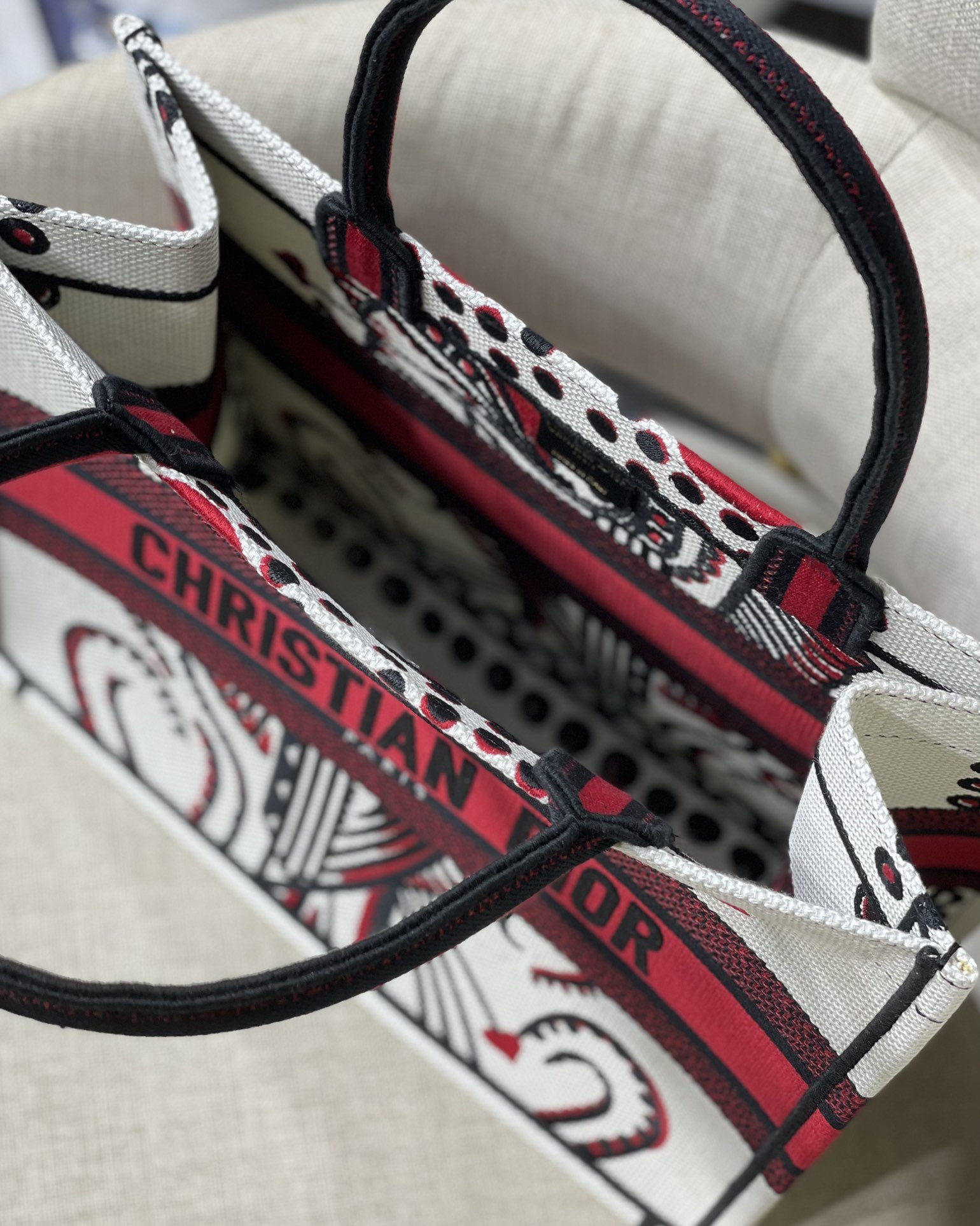 Christian Dior Medium Dior Book Tote Latte Multicolor Cupidon Embroidery, Red/White, For Women Women’s Handbags, 41cm CDZTQG_