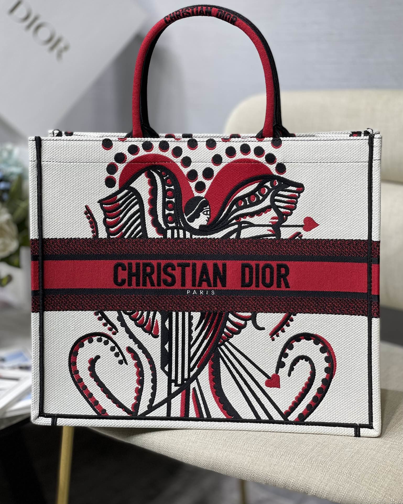 Christian Dior Medium Dior Book Tote Latte Multicolor Cupidon Embroidery, Red/White, For Women Women’s Handbags, 41cm CDZTQG_