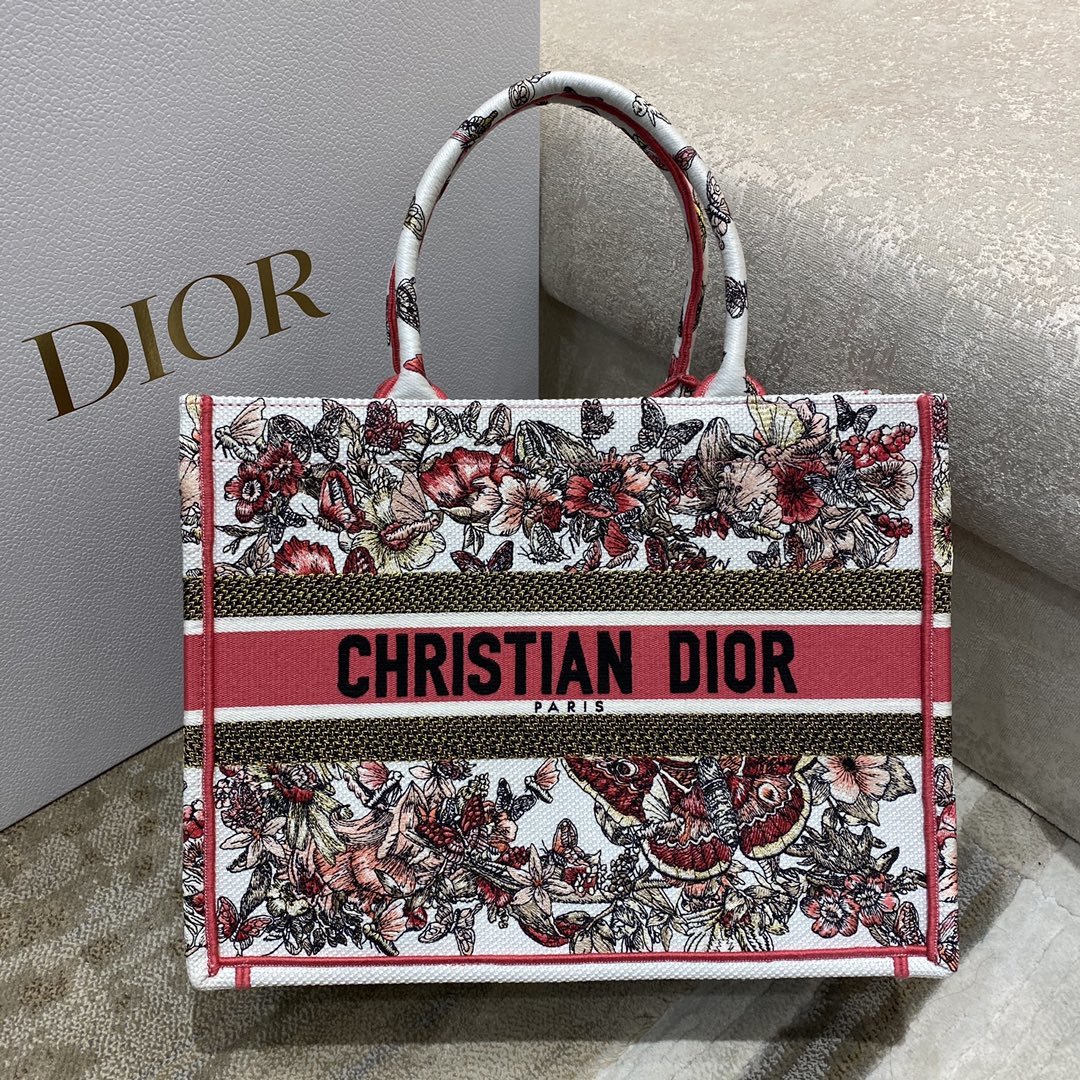 Christian Dior Medium Dior Book Tote Multicolor Butterfly Embroidery, Red/White, For Women Women’s Handbags, 36cm CD
