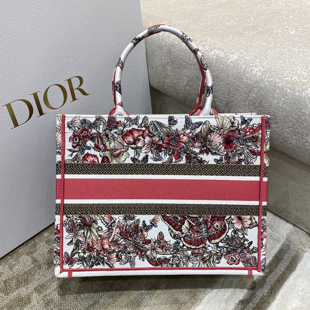 Christian Dior Medium Dior Book Tote Multicolor Butterfly Embroidery, Red/White, For Women Women’s Handbags, 36cm CD