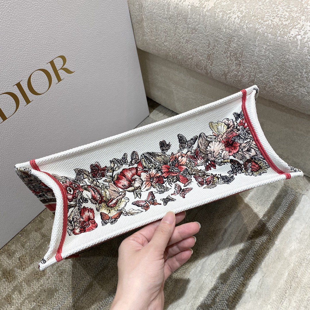 Christian Dior Medium Dior Book Tote Multicolor Butterfly Embroidery, Red/White, For Women Women’s Handbags, 36cm CD