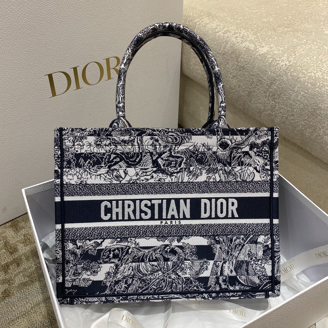 Christian Dior Medium Dior Book Tote Toile de Jouy Stripes Embroidery, Black For Women Women’s Handbags, 36cm CDZRLP_