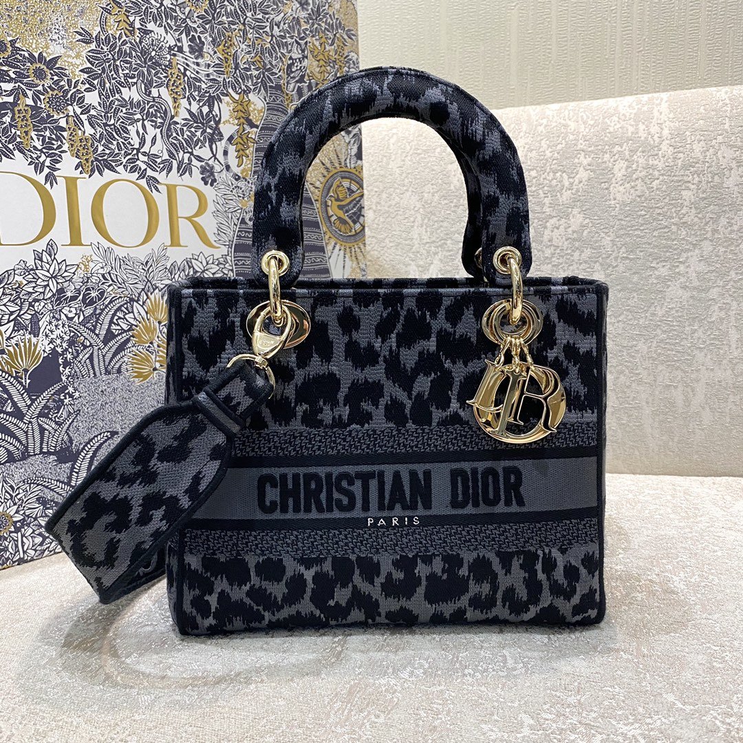 Christian Dior Medium Dior Lady D-Lite Bag Blue and Black Mizza Embroidery, Blue and Black, For Women Women’s Handbags, Crossbody Bags, 24cm CDORHM_