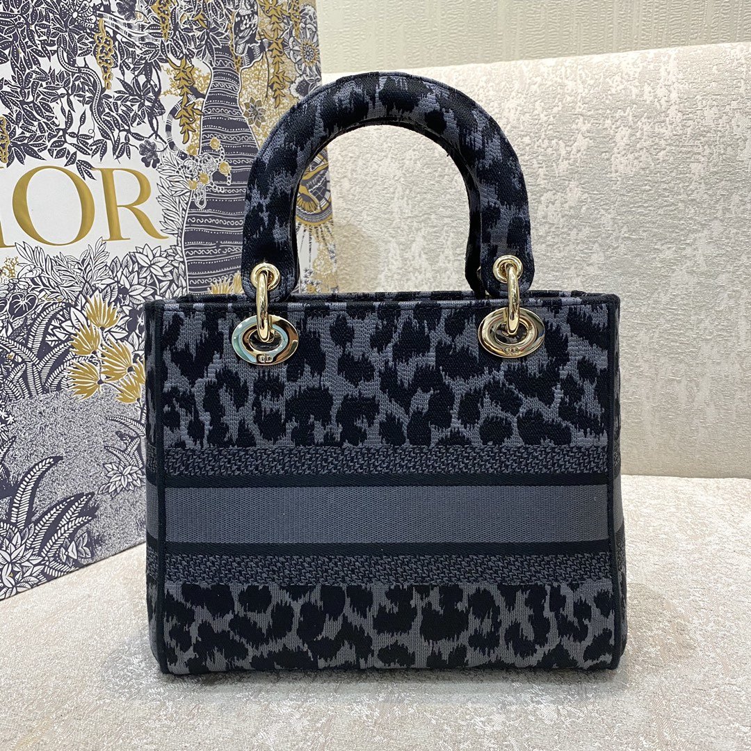 Christian Dior Medium Dior Lady D-Lite Bag Blue and Black Mizza Embroidery, Blue and Black, For Women Women’s Handbags, Crossbody Bags, 24cm CDORHM_