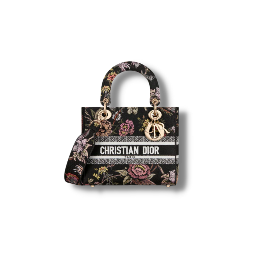 Christian Dior MEDIUM LADY D-LITE BAG Black Multicolor Dior Jardin Botanique Embroidery -ORZB_