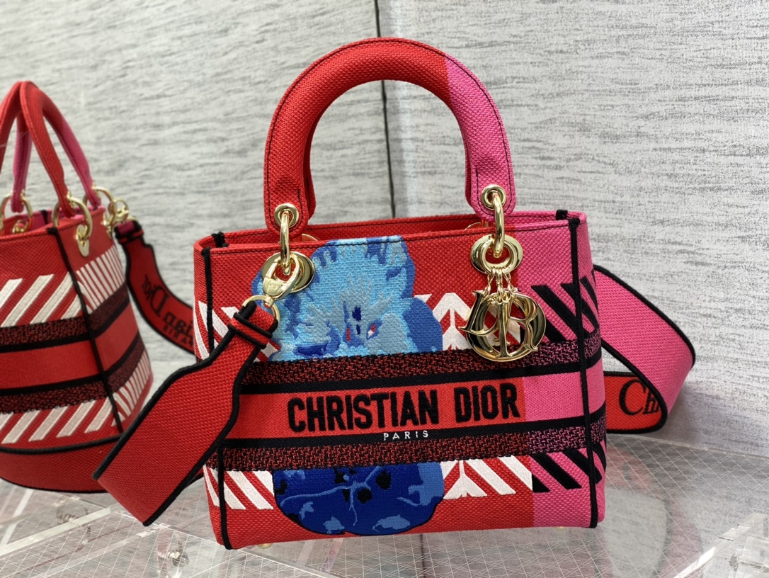 Christian Dior Medium Lady D-Lite Bag D-Flower Pop Embroidery, Bright Pink Multicolor, For Women Women’s Handbags, 24cm CDOROO_