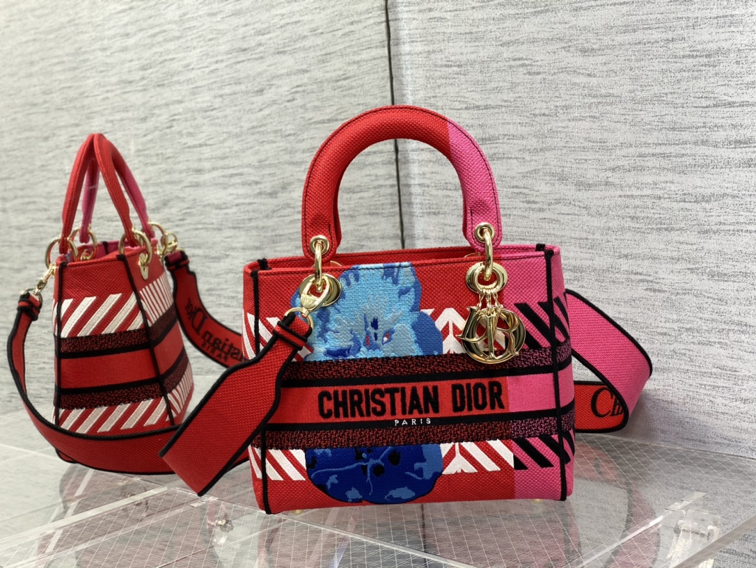 Christian Dior Medium Lady D-Lite Bag D-Flower Pop Embroidery, Bright Pink Multicolor, For Women Women’s Handbags, 24cm CDOROO_