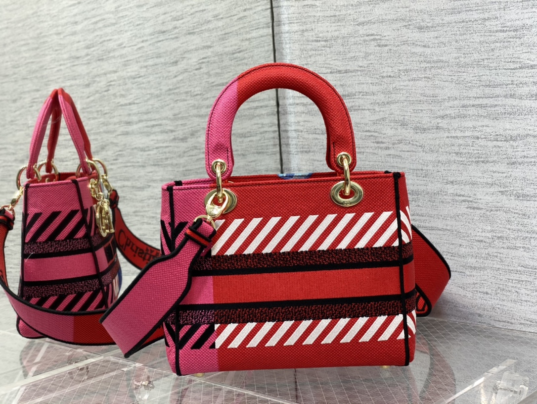 Christian Dior Medium Lady D-Lite Bag D-Flower Pop Embroidery, Bright Pink Multicolor, For Women Women’s Handbags, 24cm CDOROO_