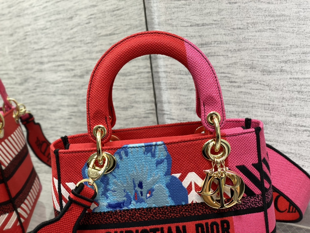 Christian Dior Medium Lady D-Lite Bag D-Flower Pop Embroidery, Bright Pink Multicolor, For Women Women’s Handbags, 24cm CDOROO_
