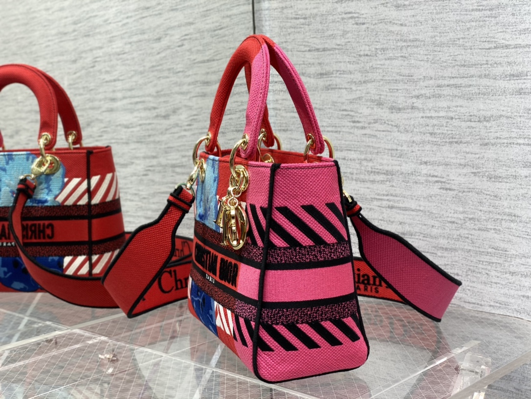 Christian Dior Medium Lady D-Lite Bag D-Flower Pop Embroidery, Bright Pink Multicolor, For Women Women’s Handbags, 24cm CDOROO_