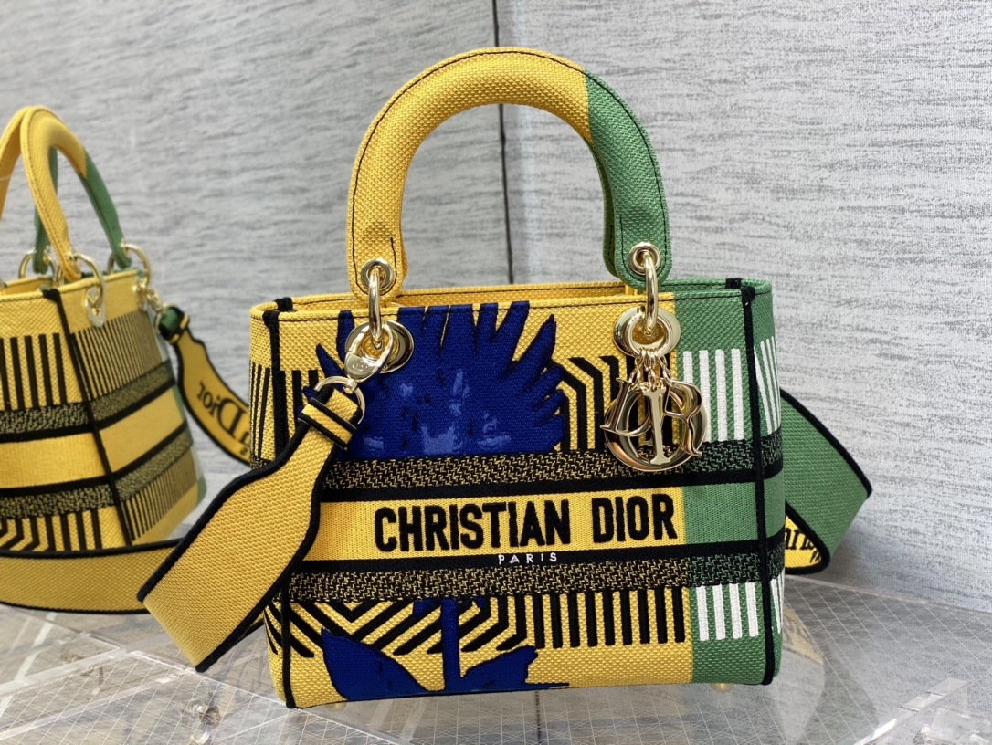 Christian Dior Medium Lady D-Lite Bag D-Flower Pop Embroidery, Bright Yellow/Green, For Women Women’s Handbags, 24cm CDOROO_