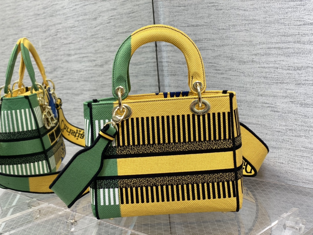 Christian Dior Medium Lady D-Lite Bag D-Flower Pop Embroidery, Bright Yellow/Green, For Women Women’s Handbags, 24cm CDOROO_