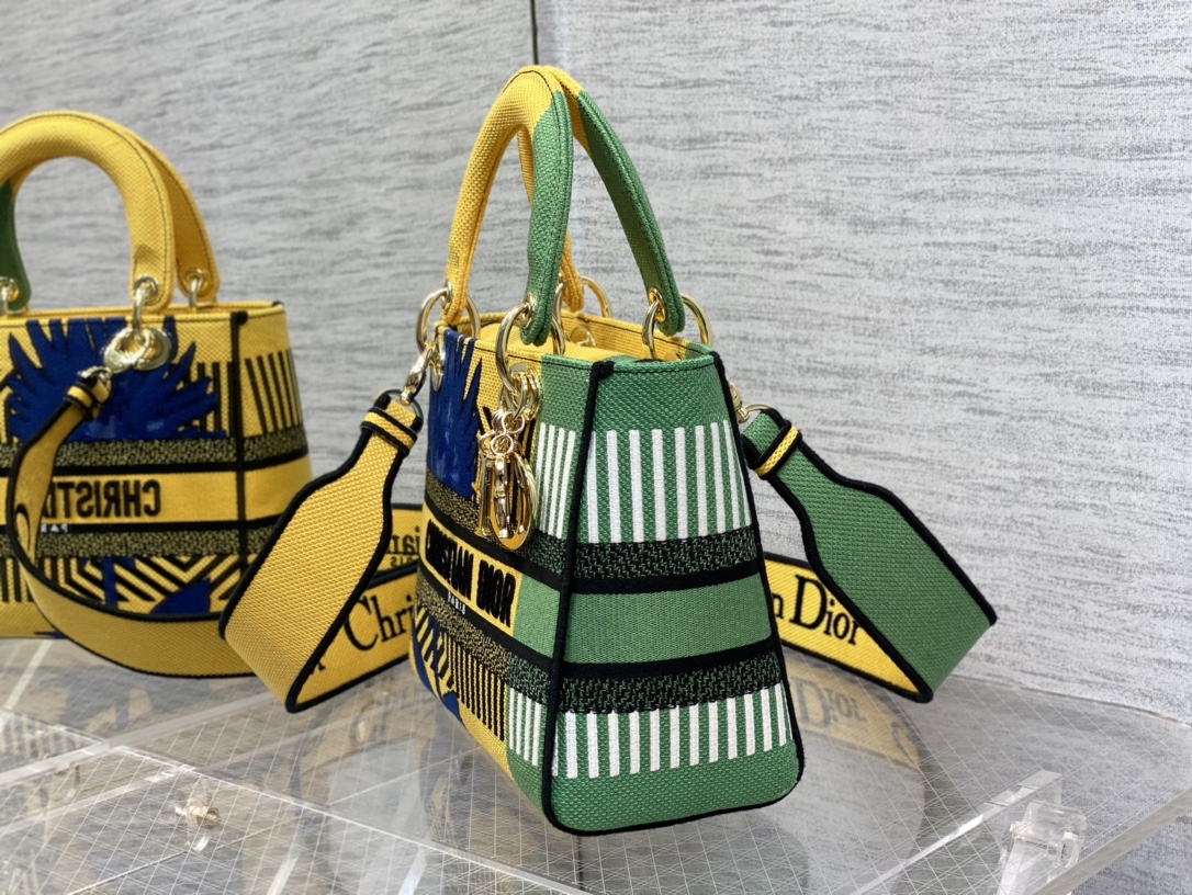 Christian Dior Medium Lady D-Lite Bag D-Flower Pop Embroidery, Bright Yellow/Green, For Women Women’s Handbags, 24cm CDOROO_
