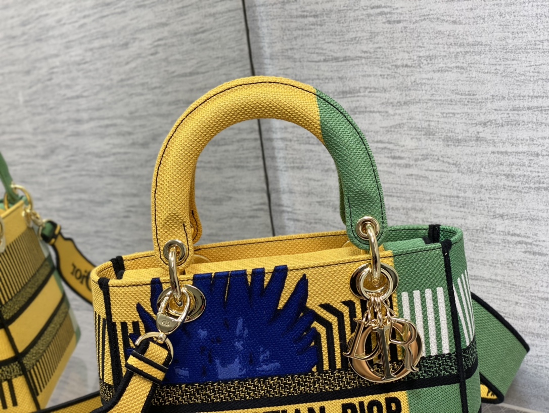 Christian Dior Medium Lady D-Lite Bag D-Flower Pop Embroidery, Bright Yellow/Green, For Women Women’s Handbags, 24cm CDOROO_