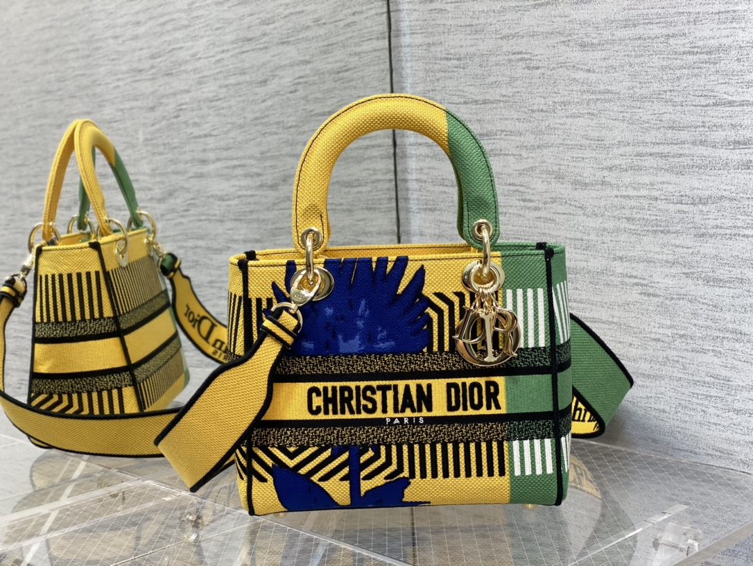 Christian Dior Medium Lady D-Lite Bag D-Flower Pop Embroidery, Bright Yellow/Green, For Women Women’s Handbags, 24cm CDOROO_