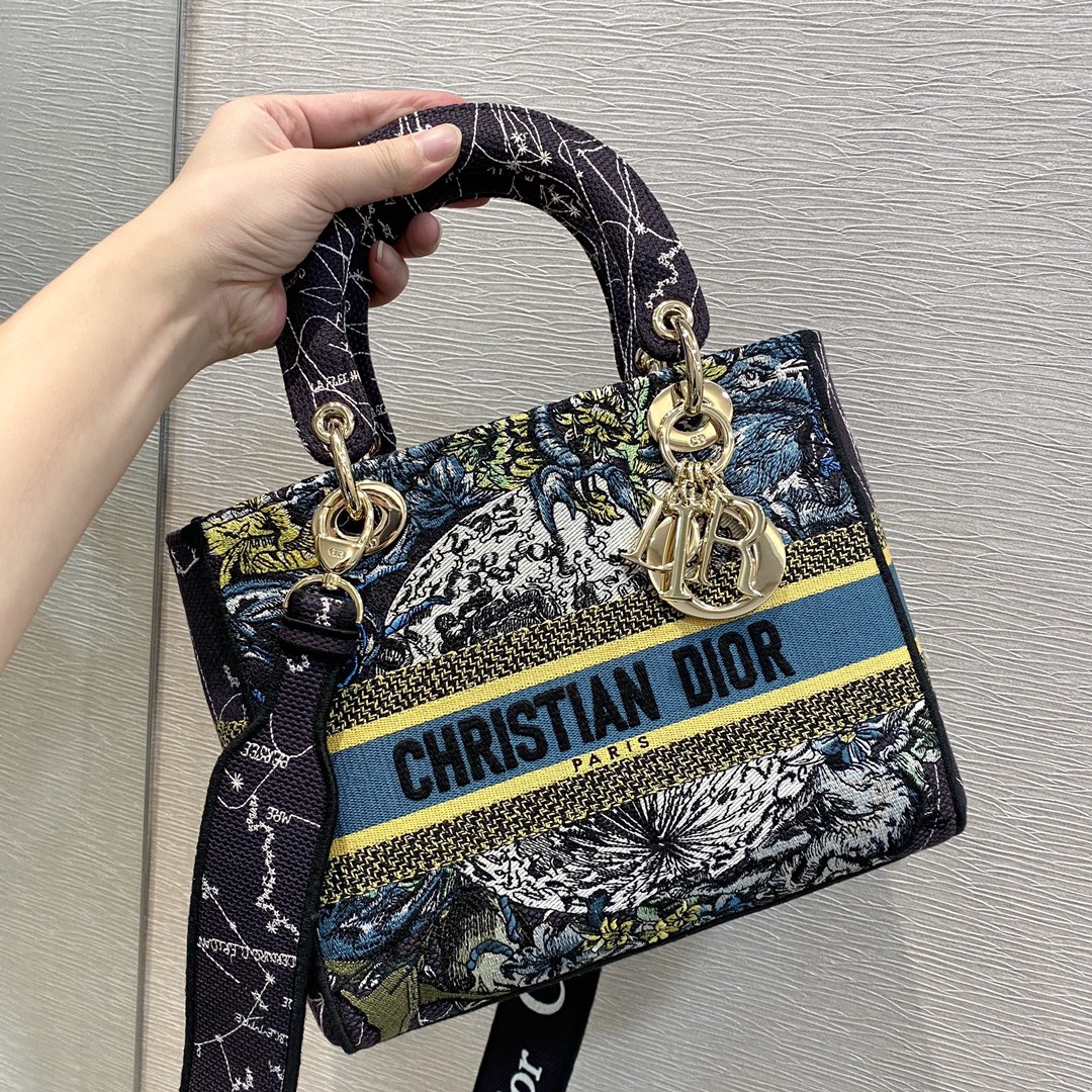 Christian Dior Medium Lady D-Lite Bag Dior Constellation Embroidery, Blue, For Women Women’s Handbags, Crossbody Bags, 24cm CDORHP_