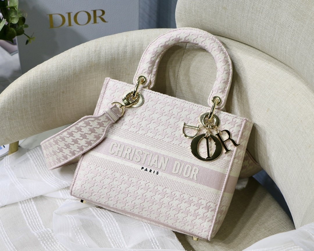 Christian Dior Medium Lady D-Lite Bag Houndstooth Embroidery, Pink/White, For Women Women’s Handbags, Shoulder Bags, Crossbody Bags, 24cm CD