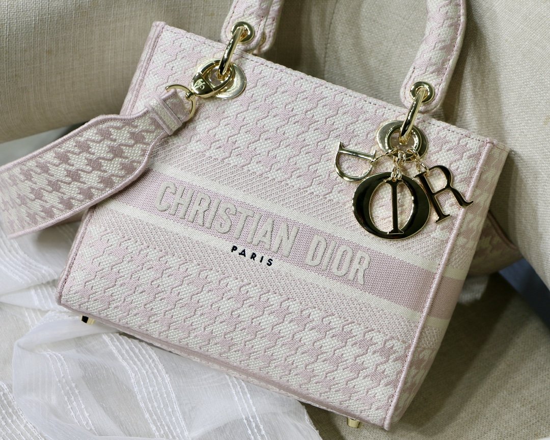 Christian Dior Medium Lady D-Lite Bag Houndstooth Embroidery, Pink/White, For Women Women’s Handbags, Shoulder Bags, Crossbody Bags, 24cm CD