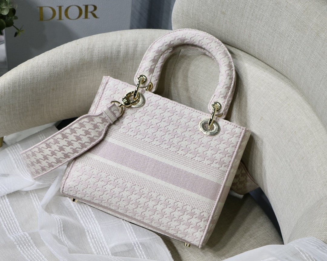 Christian Dior Medium Lady D-Lite Bag Houndstooth Embroidery, Pink/White, For Women Women’s Handbags, Shoulder Bags, Crossbody Bags, 24cm CD