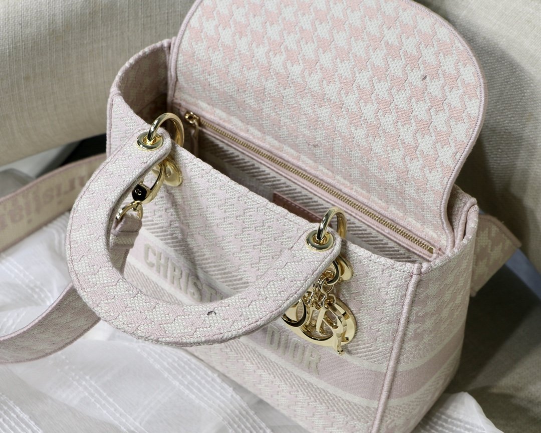 Christian Dior Medium Lady D-Lite Bag Houndstooth Embroidery, Pink/White, For Women Women’s Handbags, Shoulder Bags, Crossbody Bags, 24cm CD
