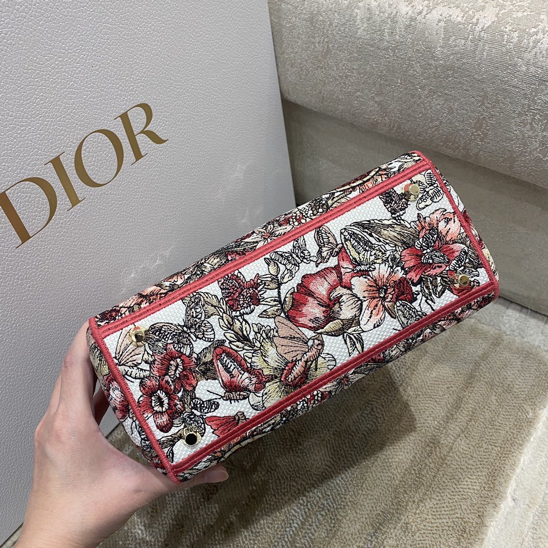 Christian Dior Medium Lady D-Lite Bag Multicolor Butterfly Embroidery, Red/Latte, For Women Women’s Handbags, 24cm CDORHQ_