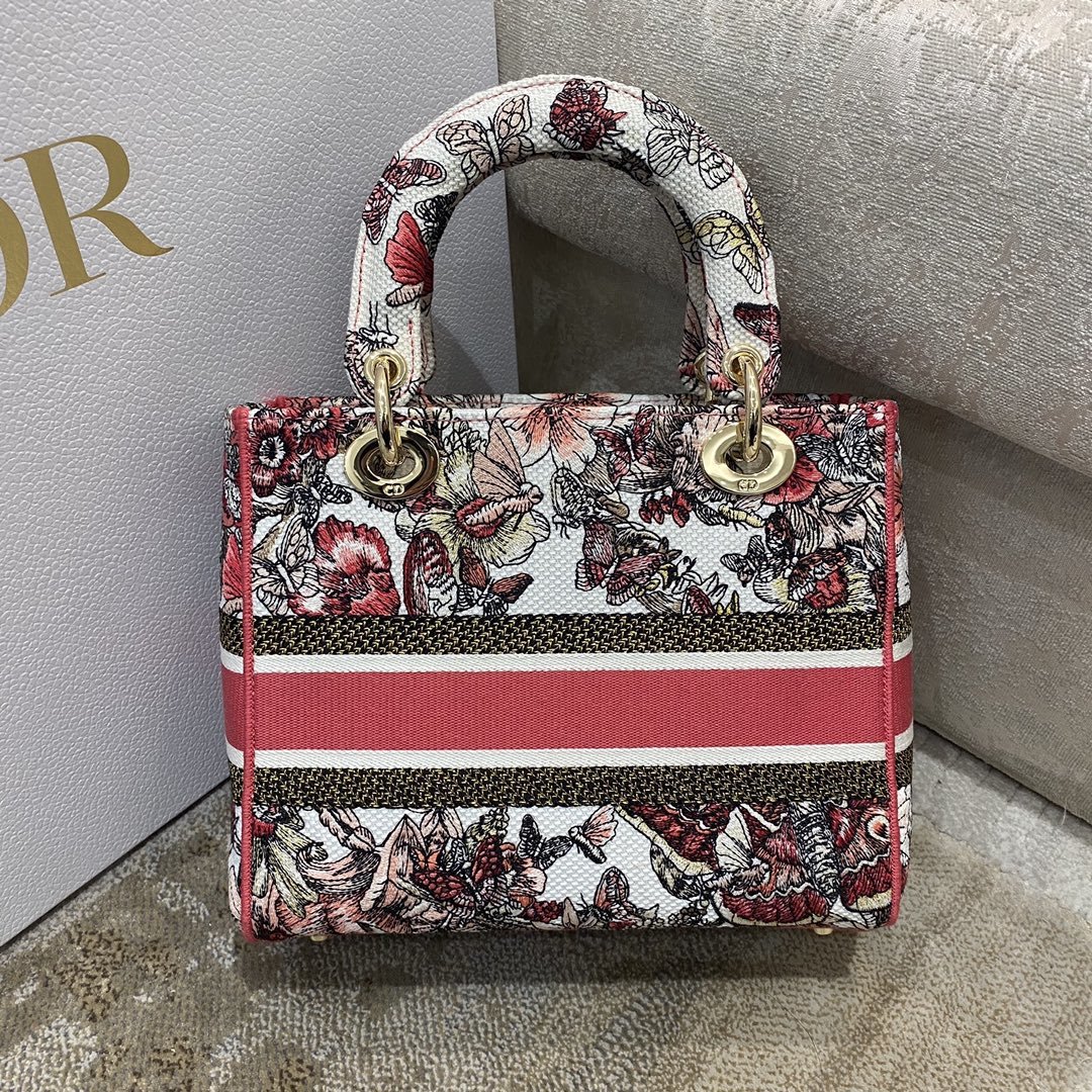 Christian Dior Medium Lady D-Lite Bag Multicolor Butterfly Embroidery, Red/Latte, For Women Women’s Handbags, 24cm CDORHQ_