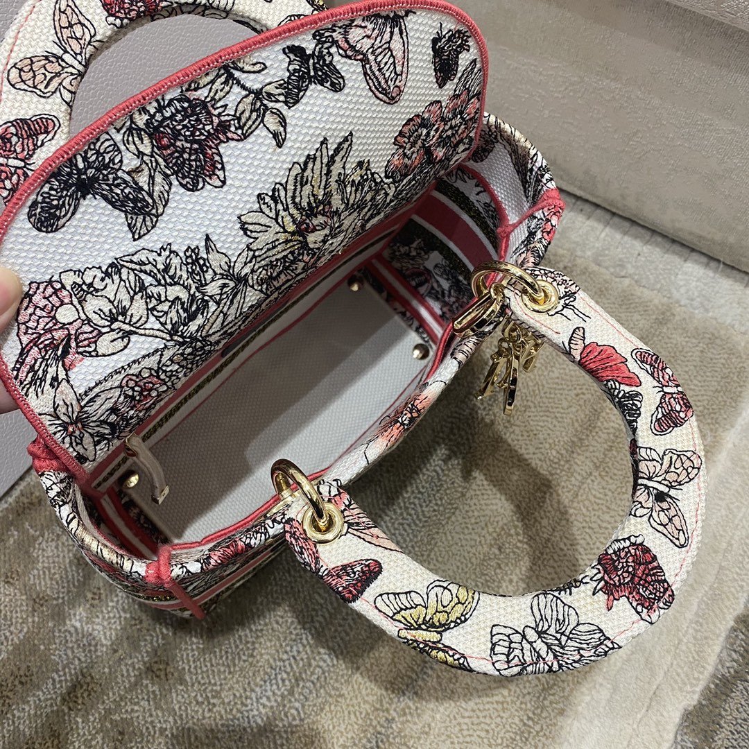 Christian Dior Medium Lady D-Lite Bag Multicolor Butterfly Embroidery, Red/Latte, For Women Women’s Handbags, 24cm CDORHQ_