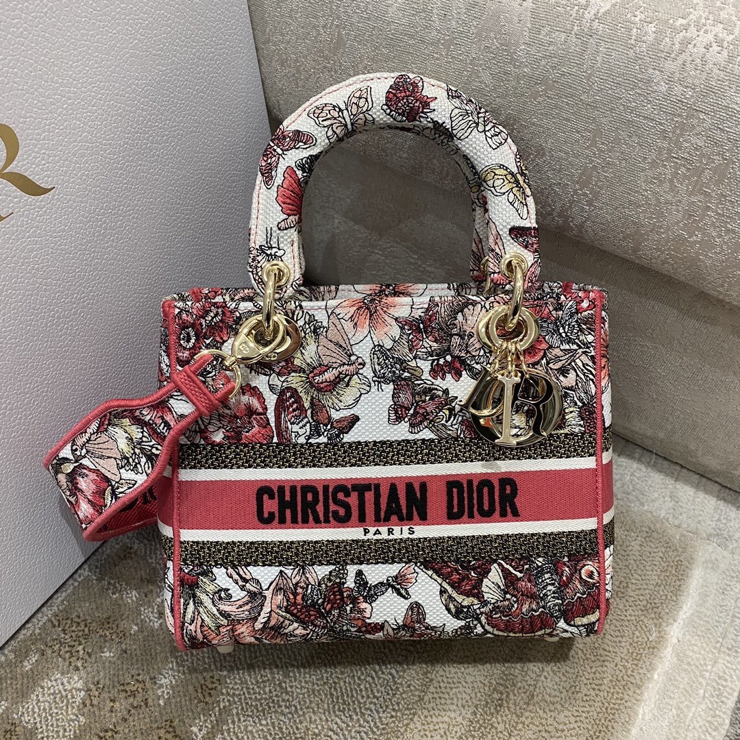 Christian Dior Medium Lady D-Lite Bag Multicolor Butterfly Embroidery, Red/Latte, For Women Women’s Handbags, 24cm CDORHQ_
