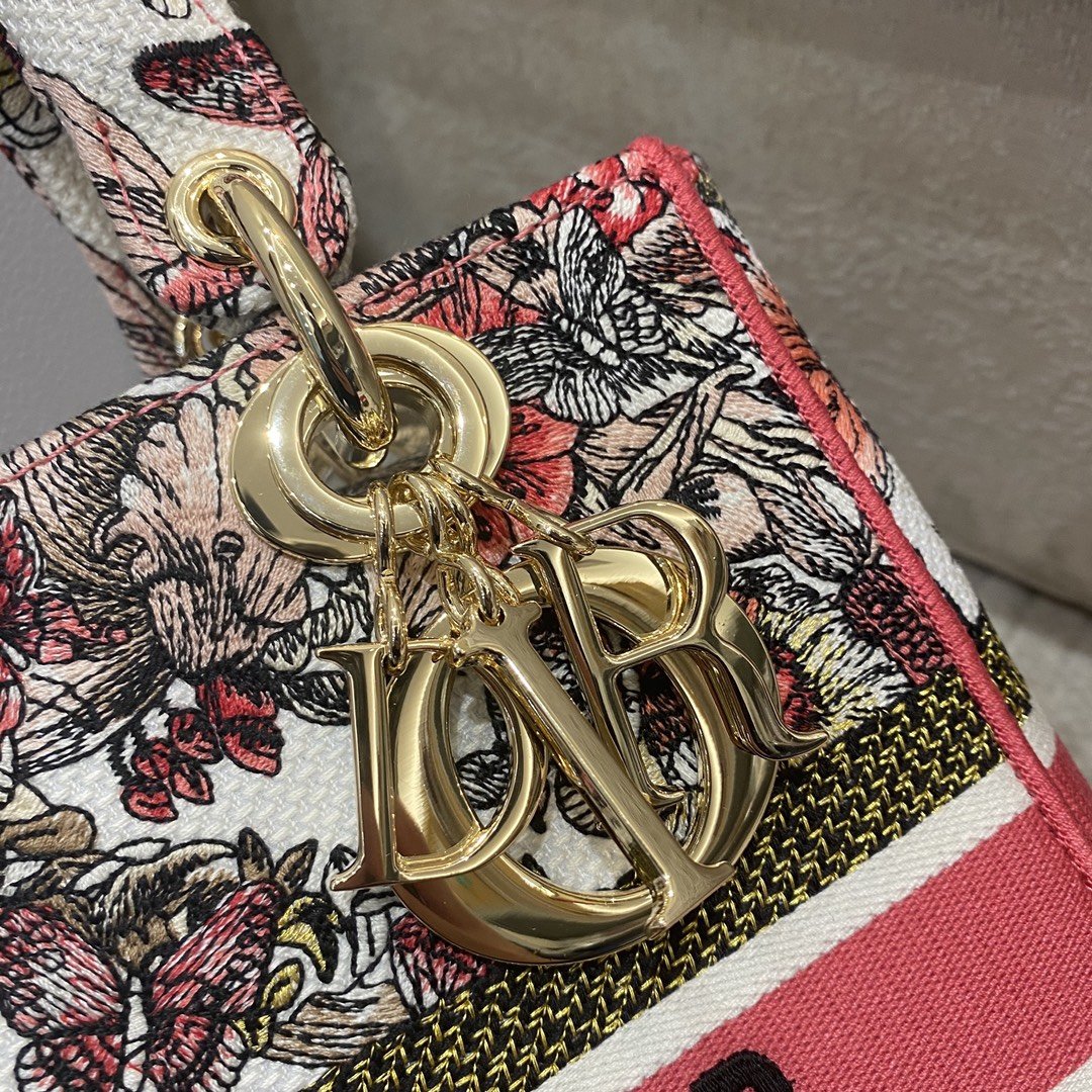 Christian Dior Medium Lady D-Lite Bag Multicolor Butterfly Embroidery, Red/Latte, For Women Women’s Handbags, 24cm CDORHQ_