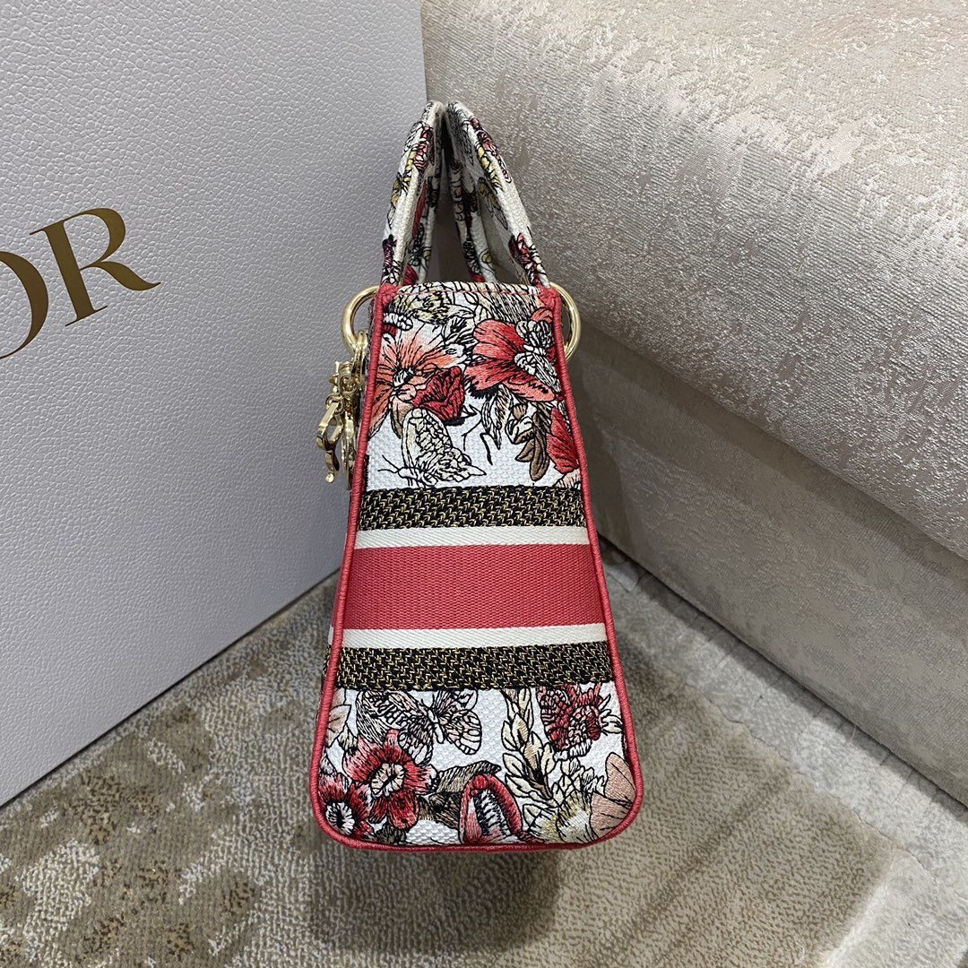 Christian Dior Medium Lady D-Lite Bag Multicolor Butterfly Embroidery, Red/Latte, For Women Women’s Handbags, 24cm CDORHQ_