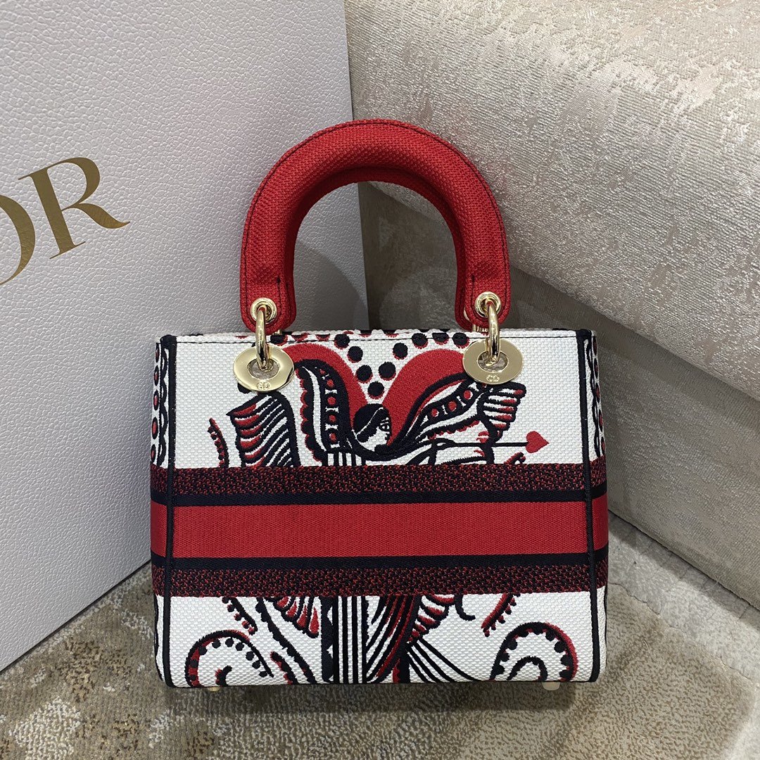 Christian Dior Medium Lady D-Lite Bag Multicolor Cupidon Embroidery, Red/Latte, For Women Women’s Handbags, 24cm CDOTQG_