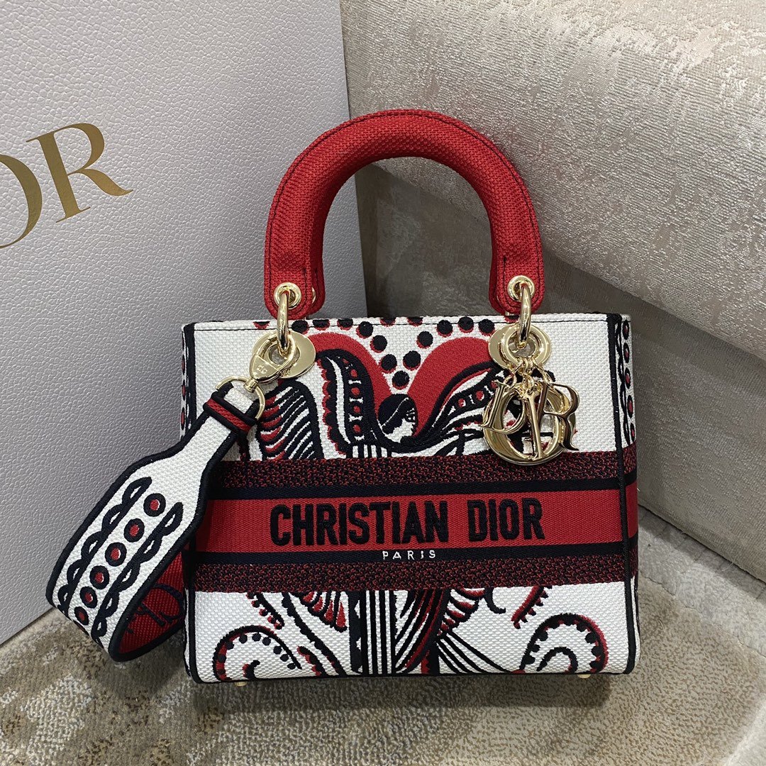 Christian Dior Medium Lady D-Lite Bag Multicolor Cupidon Embroidery, Red/Latte, For Women Women’s Handbags, 24cm CDOTQG_