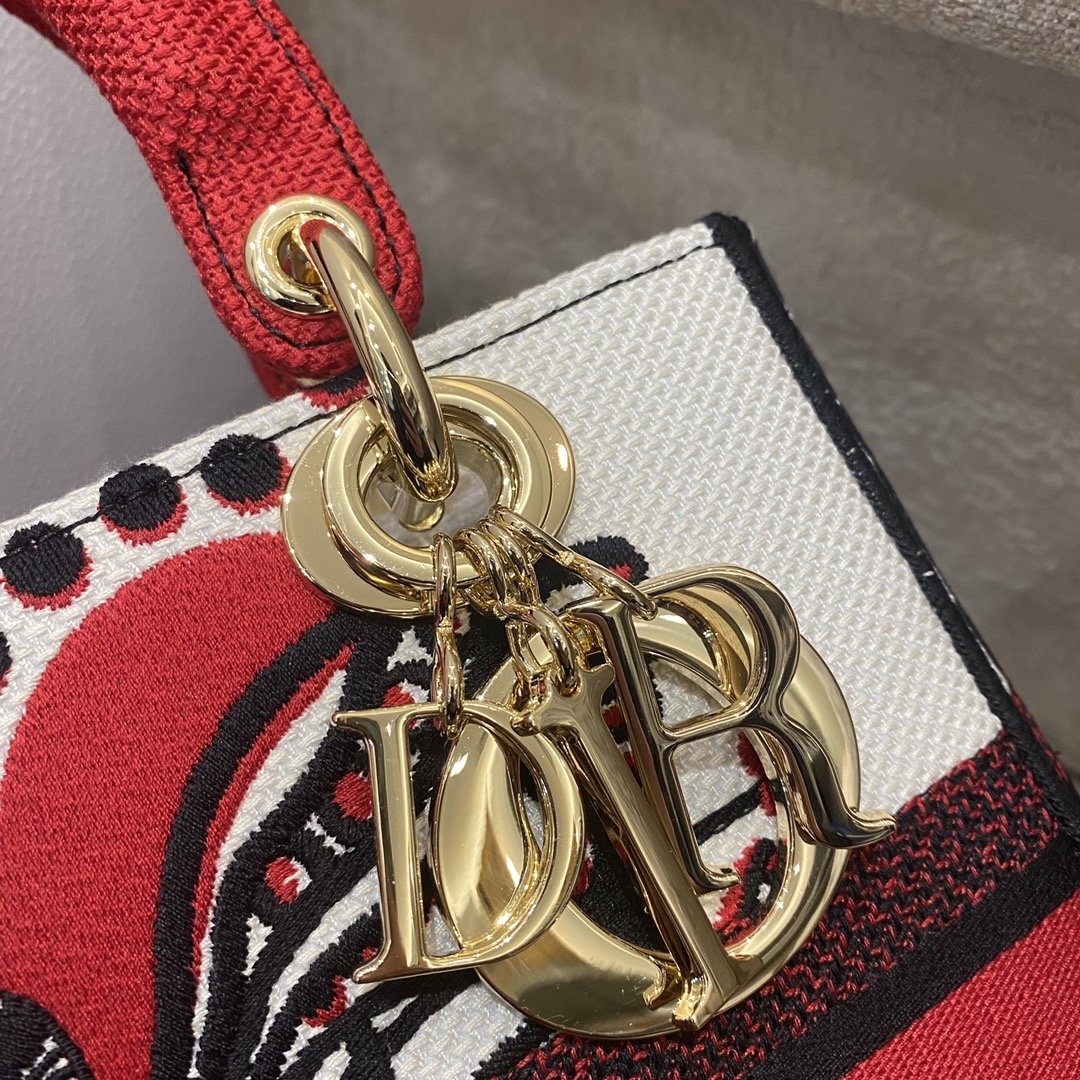 Christian Dior Medium Lady D-Lite Bag Multicolor Cupidon Embroidery, Red/Latte, For Women Women’s Handbags, 24cm CDOTQG_