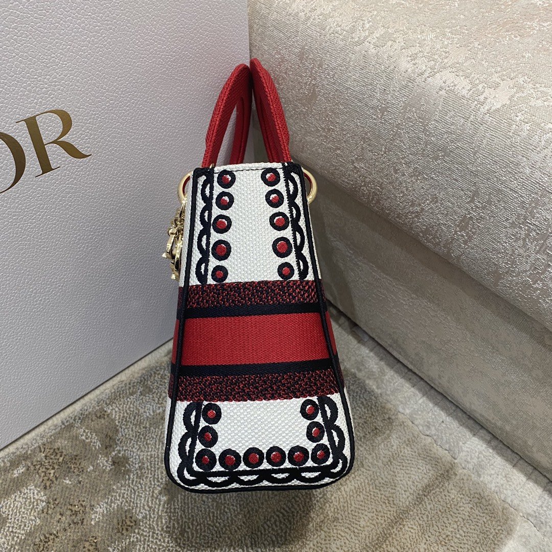 Christian Dior Medium Lady D-Lite Bag Multicolor Cupidon Embroidery, Red/Latte, For Women Women’s Handbags, 24cm CDOTQG_