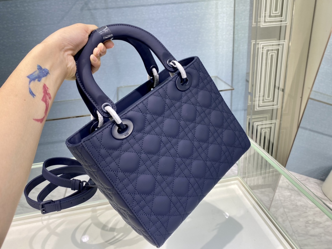 Christian Dior Medium Lady Dior Bag Dark Blue/White/Black/Beige For Women 9.5in/24cm