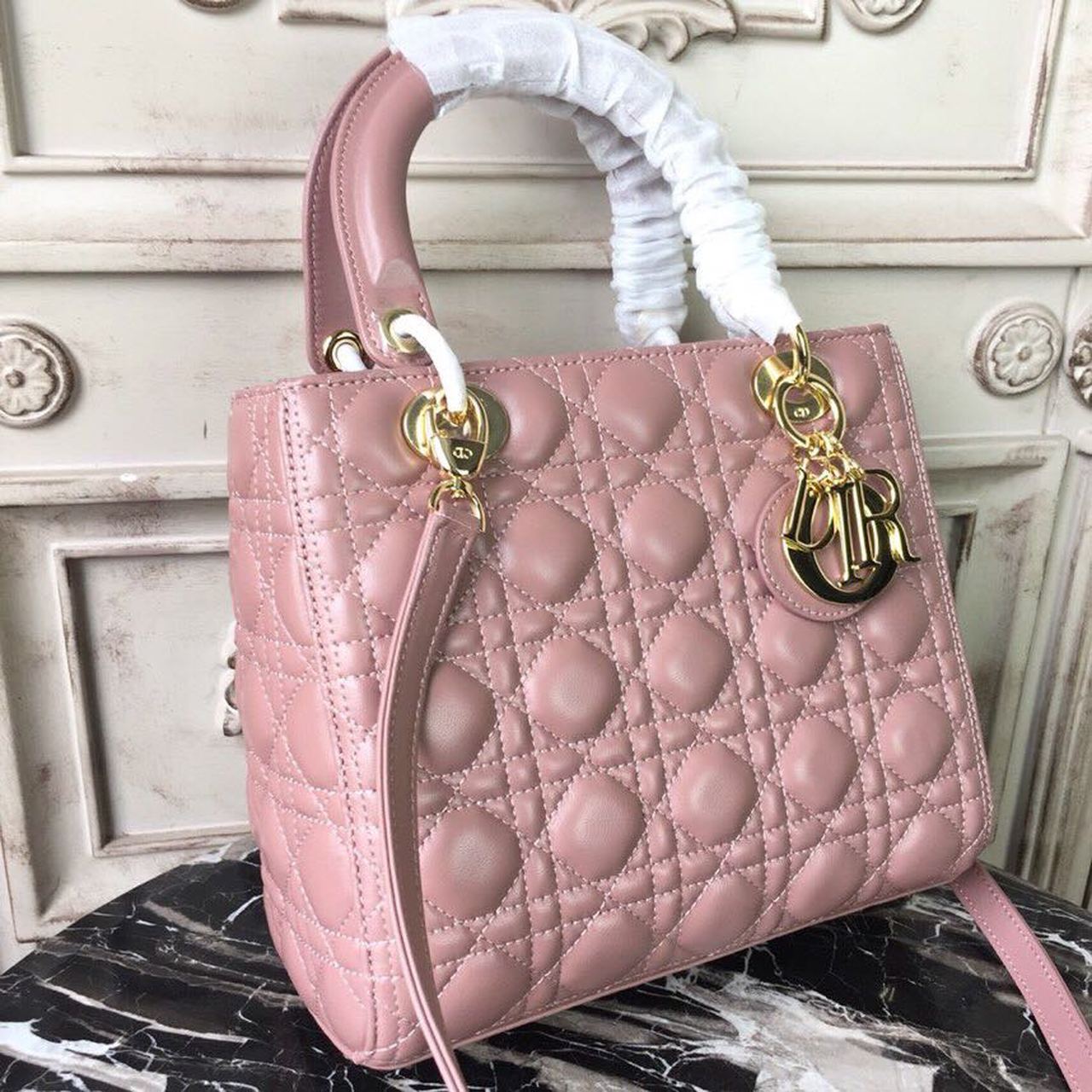 Christian Dior Medium Lady Dior Bag Gold Toned Hardware Dusty Pink For Women 24cm/9in CD