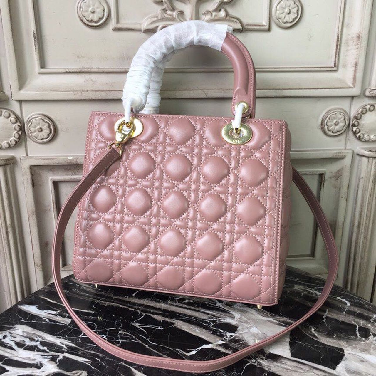Christian Dior Medium Lady Dior Bag Gold Toned Hardware Dusty Pink For Women 24cm/9in CD